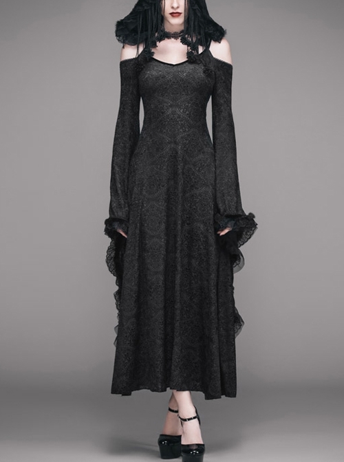 Off-Shoulder Flare Sleeve Lace Cuff Long Tassels Floral Pendants Black Gothic Jacquard Hooded Dress