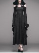 Off-Shoulder Flare Sleeve Lace Cuff Long Tassels Floral Pendants Black Gothic Jacquard Hooded Dress