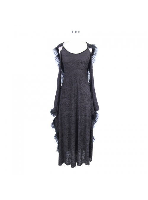 Off-Shoulder Flare Sleeve Lace Cuff Long Tassels Floral Pendants Black Gothic Jacquard Hooded Dress