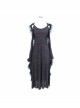 Off-Shoulder Flare Sleeve Lace Cuff Long Tassels Floral Pendants Black Gothic Jacquard Hooded Dress