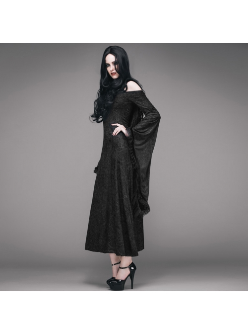 Off-Shoulder Flare Sleeve Lace Cuff Long Tassels Floral Pendants Black Gothic Jacquard Hooded Dress