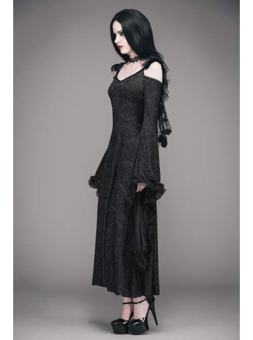 Off-Shoulder Flare Sleeve Lace Cuff Long Tassels Floral Pendants Black Gothic Jacquard Hooded Dress