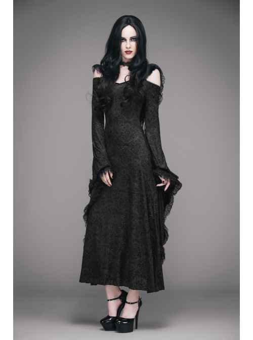 Off-Shoulder Flare Sleeve Lace Cuff Long Tassels Floral Pendants Black Gothic Jacquard Hooded Dress