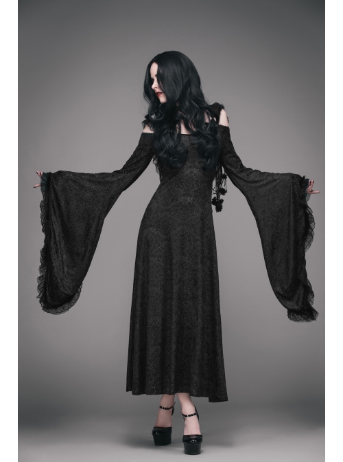 Off-Shoulder Flare Sleeve Lace Cuff Long Tassels Floral Pendants Black Gothic Jacquard Hooded Dress