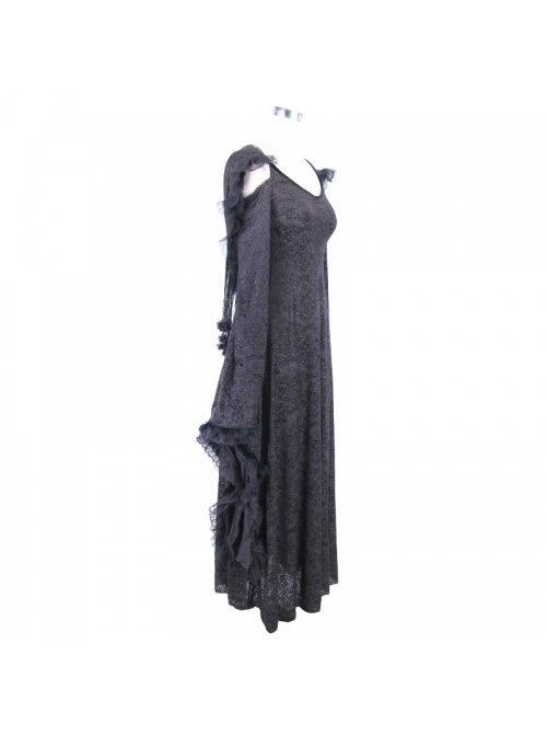 Off-Shoulder Flare Sleeve Lace Cuff Long Tassels Floral Pendants Black Gothic Jacquard Hooded Dress