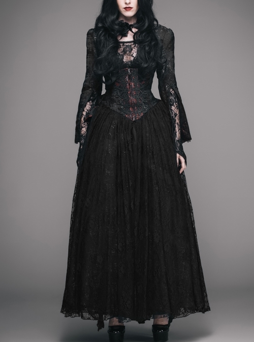 Stand-Up Collar Long Sleeve Back Waist Lace-Up Flounce Lace Big Hem Black Gothic Jacquard Coat