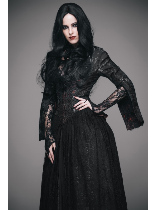 Stand-Up Collar Long Sleeve Back Waist Lace-Up Flounce Lace Big Hem Black Gothic Jacquard Coat