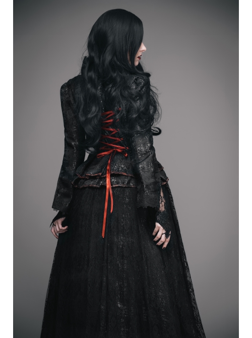 Stand-Up Collar Long Sleeve Back Waist Lace-Up Flounce Lace Big Hem Black Gothic Jacquard Coat