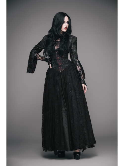 Stand-Up Collar Long Sleeve Back Waist Lace-Up Flounce Lace Big Hem Black Gothic Jacquard Coat