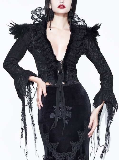 Stand-Up Collar V-Neck Front Lace-Up Lace Cuff Black Gothic Compound Flower Net Small Coat