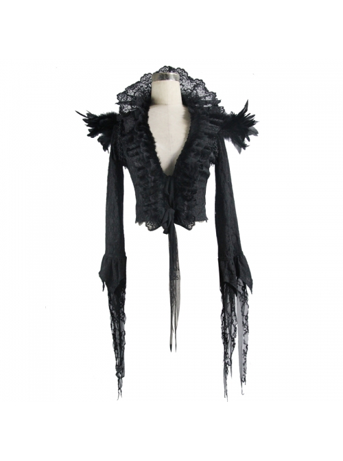 Stand-Up Collar V-Neck Front Lace-Up Lace Cuff Black Gothic Compound Flower Net Small Coat