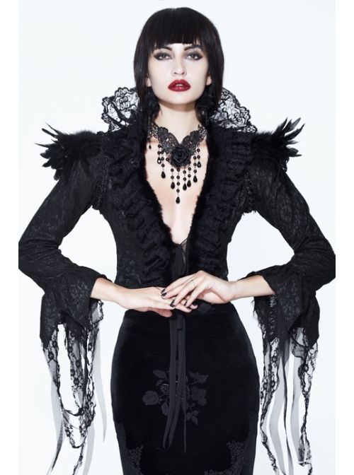 Stand-Up Collar V-Neck Front Lace-Up Lace Cuff Black Gothic Compound Flower Net Small Coat