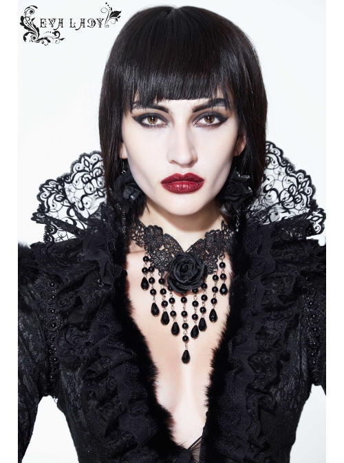 Stand-Up Collar V-Neck Front Lace-Up Lace Cuff Black Gothic Compound Flower Net Small Coat