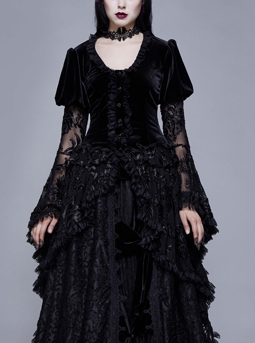 Metal Buckle Collar Front Chest Hollow-Out Flare Sleeve Lace Cuff Dress Hem Black Gothic Velvet Coat