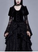 Metal Buckle Collar Front Chest Hollow-Out Flare Sleeve Lace Cuff Dress Hem Black Gothic Velvet Coat