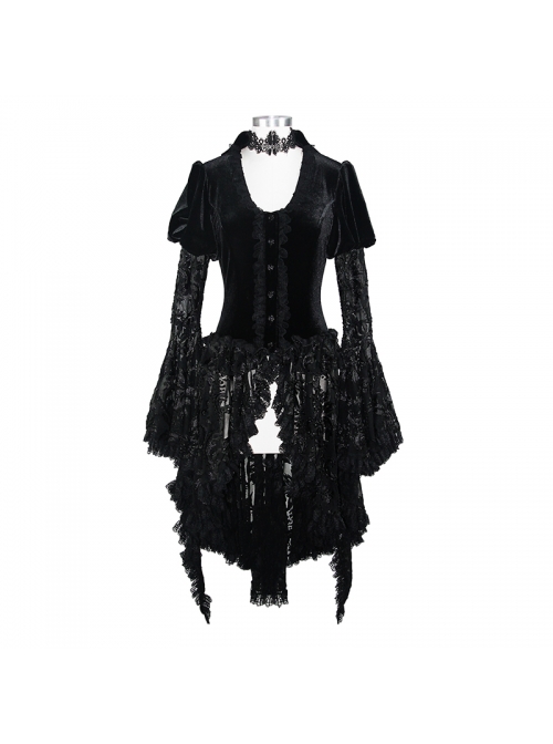 Metal Buckle Collar Front Chest Hollow-Out Flare Sleeve Lace Cuff Dress Hem Black Gothic Velvet Coat