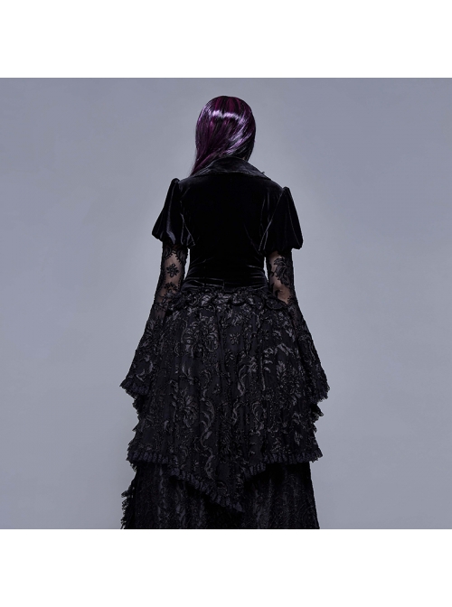 Metal Buckle Collar Front Chest Hollow-Out Flare Sleeve Lace Cuff Dress Hem Black Gothic Velvet Coat