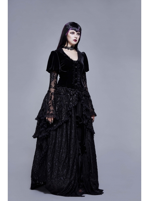 Metal Buckle Collar Front Chest Hollow-Out Flare Sleeve Lace Cuff Dress Hem Black Gothic Velvet Coat