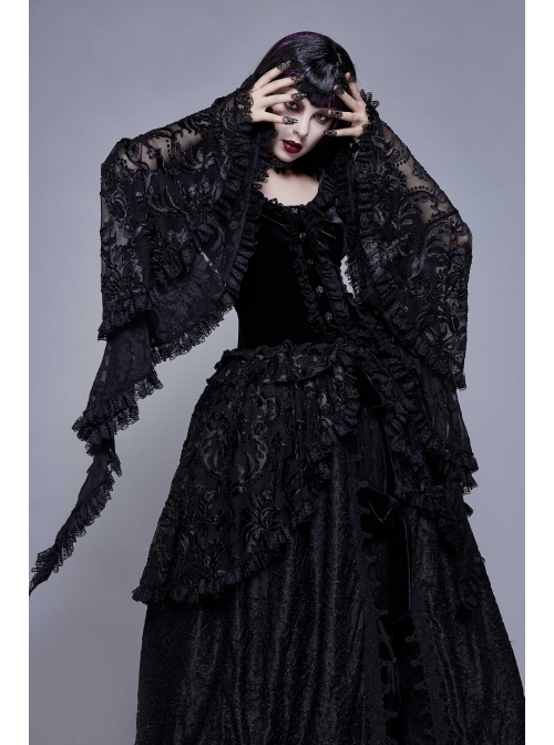 Metal Buckle Collar Front Chest Hollow-Out Flare Sleeve Lace Cuff Dress Hem Black Gothic Velvet Coat