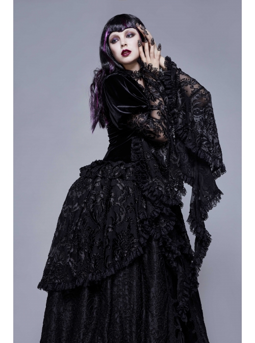 Metal Buckle Collar Front Chest Hollow-Out Flare Sleeve Lace Cuff Dress Hem Black Gothic Velvet Coat