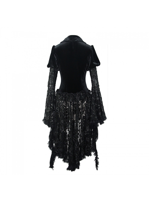 Metal Buckle Collar Front Chest Hollow-Out Flare Sleeve Lace Cuff Dress Hem Black Gothic Velvet Coat