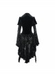 Metal Buckle Collar Front Chest Hollow-Out Flare Sleeve Lace Cuff Dress Hem Black Gothic Velvet Coat