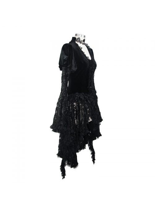Metal Buckle Collar Front Chest Hollow-Out Flare Sleeve Lace Cuff Dress Hem Black Gothic Velvet Coat