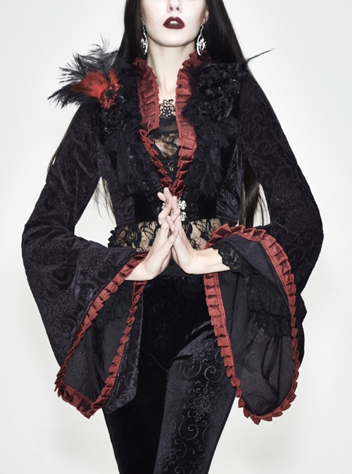 Stand-Up Collar Rose Flower Neckline Big Long Sleeve Black Gothic Embossed Velvet Short Coat