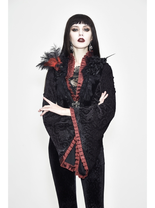 Stand-Up Collar Rose Flower Neckline Big Long Sleeve Black Gothic Embossed Velvet Short Coat