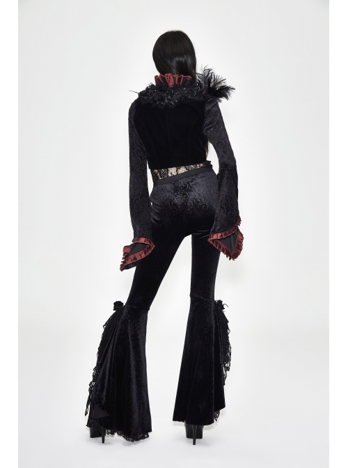 Stand-Up Collar Rose Flower Neckline Big Long Sleeve Black Gothic Embossed Velvet Short Coat
