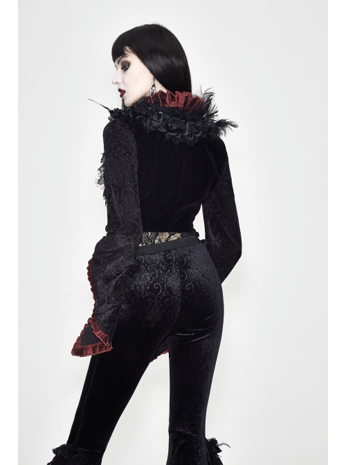 Stand-Up Collar Rose Flower Neckline Big Long Sleeve Black Gothic Embossed Velvet Short Coat