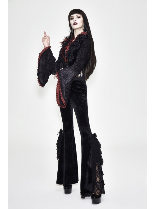 Stand-Up Collar Rose Flower Neckline Big Long Sleeve Black Gothic Embossed Velvet Short Coat