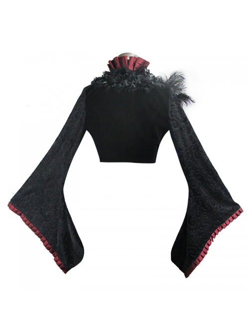 Stand-Up Collar Rose Flower Neckline Big Long Sleeve Black Gothic Embossed Velvet Short Coat