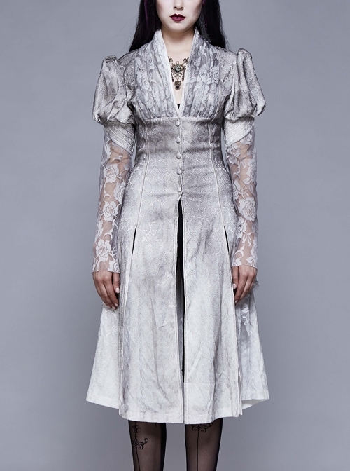 V-Neck Lace Flare Sleeve Grey Gothic Print Jacquard Long Coat
