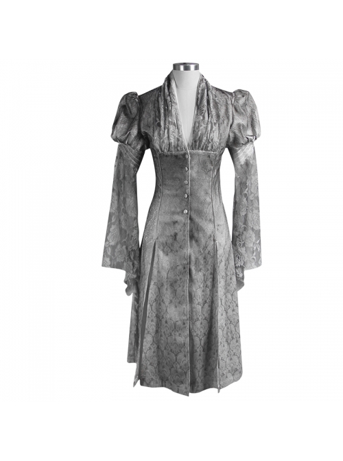 V-Neck Lace Flare Sleeve Grey Gothic Print Jacquard Long Coat