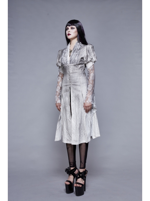 V-Neck Lace Flare Sleeve Grey Gothic Print Jacquard Long Coat