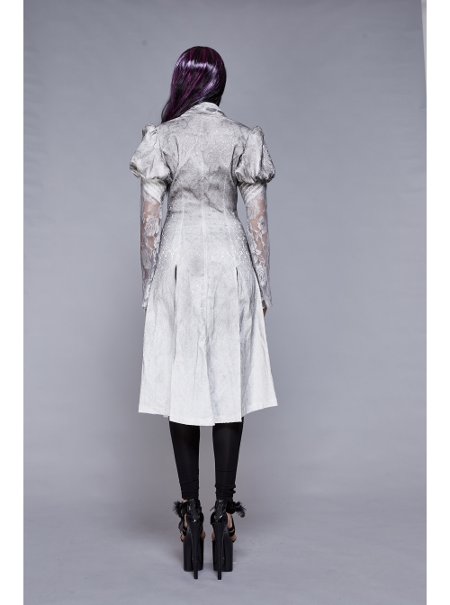 V-Neck Lace Flare Sleeve Grey Gothic Print Jacquard Long Coat