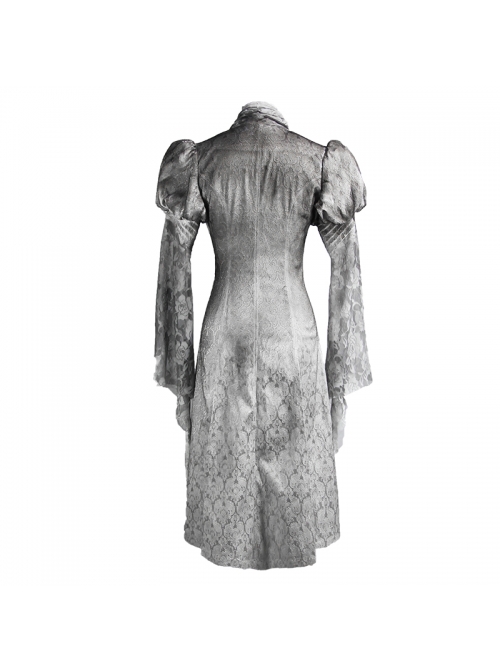 V-Neck Lace Flare Sleeve Grey Gothic Print Jacquard Long Coat