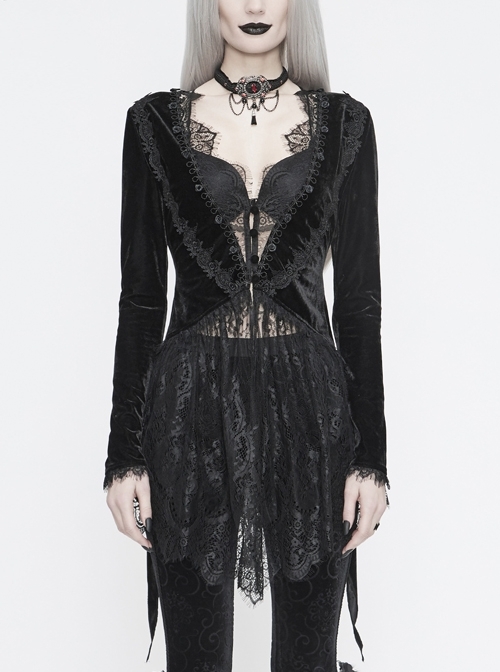 Big Collar Long Sleeve Back Dovetail Lace Hem Black Gothic Velvet Coat