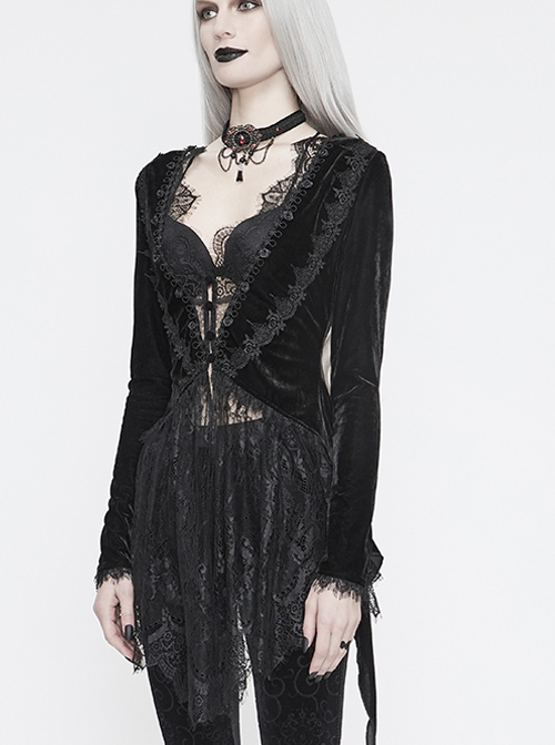 Big Collar Long Sleeve Back Dovetail Lace Hem Black Gothic Velvet Coat