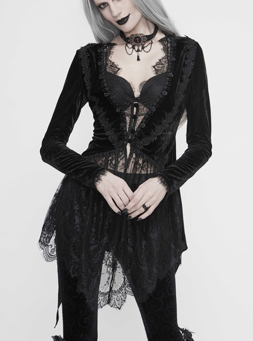 Big Collar Long Sleeve Back Dovetail Lace Hem Black Gothic Velvet Coat