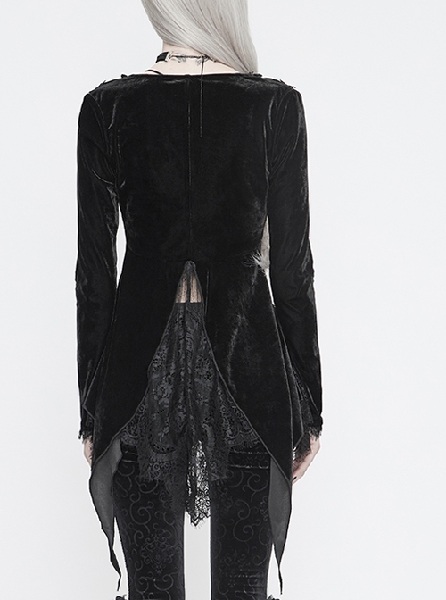 Big Collar Long Sleeve Back Dovetail Lace Hem Black Gothic Velvet Coat