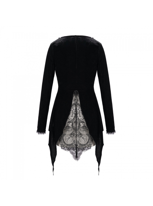 Big Collar Long Sleeve Back Dovetail Lace Hem Black Gothic Velvet Coat
