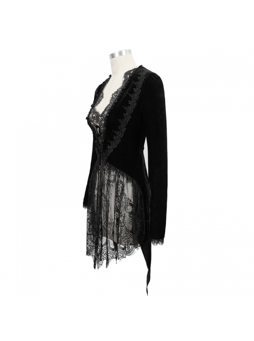 Big Collar Long Sleeve Back Dovetail Lace Hem Black Gothic Velvet Coat