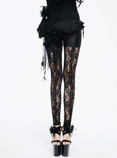 Front Frill Tassels Side Lace-Up Splice Rose Lace Mesh Black Gothic Knit Legging