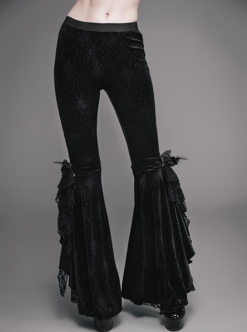 Black Gothic Lace Hem Embossed Velvet Flare Trousers