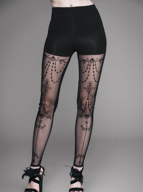 Black Splice Flocking Printed Bead Chain Pattern Mesh Gothic Knit Legging