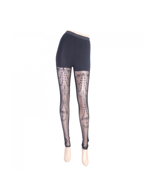 Black Splice Flocking Printed Bead Chain Pattern Mesh Gothic Knit Legging