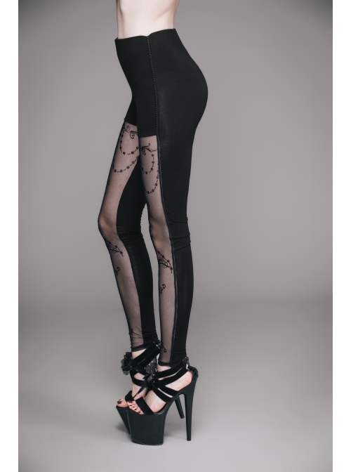 Black Splice Flocking Printed Bead Chain Pattern Mesh Gothic Knit Legging