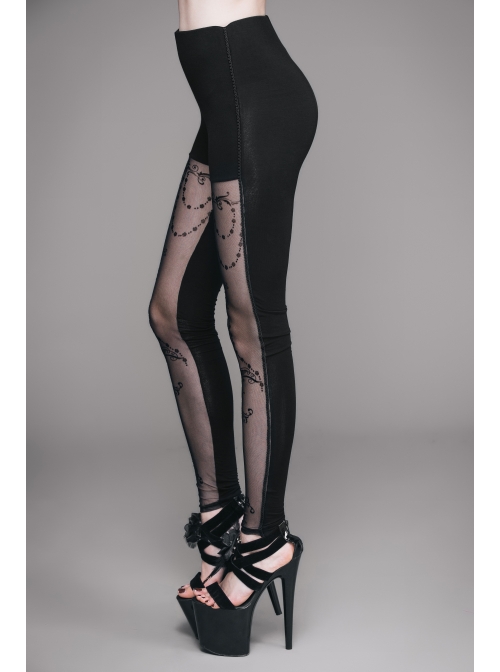 Black Splice Flocking Printed Bead Chain Pattern Mesh Gothic Knit Legging